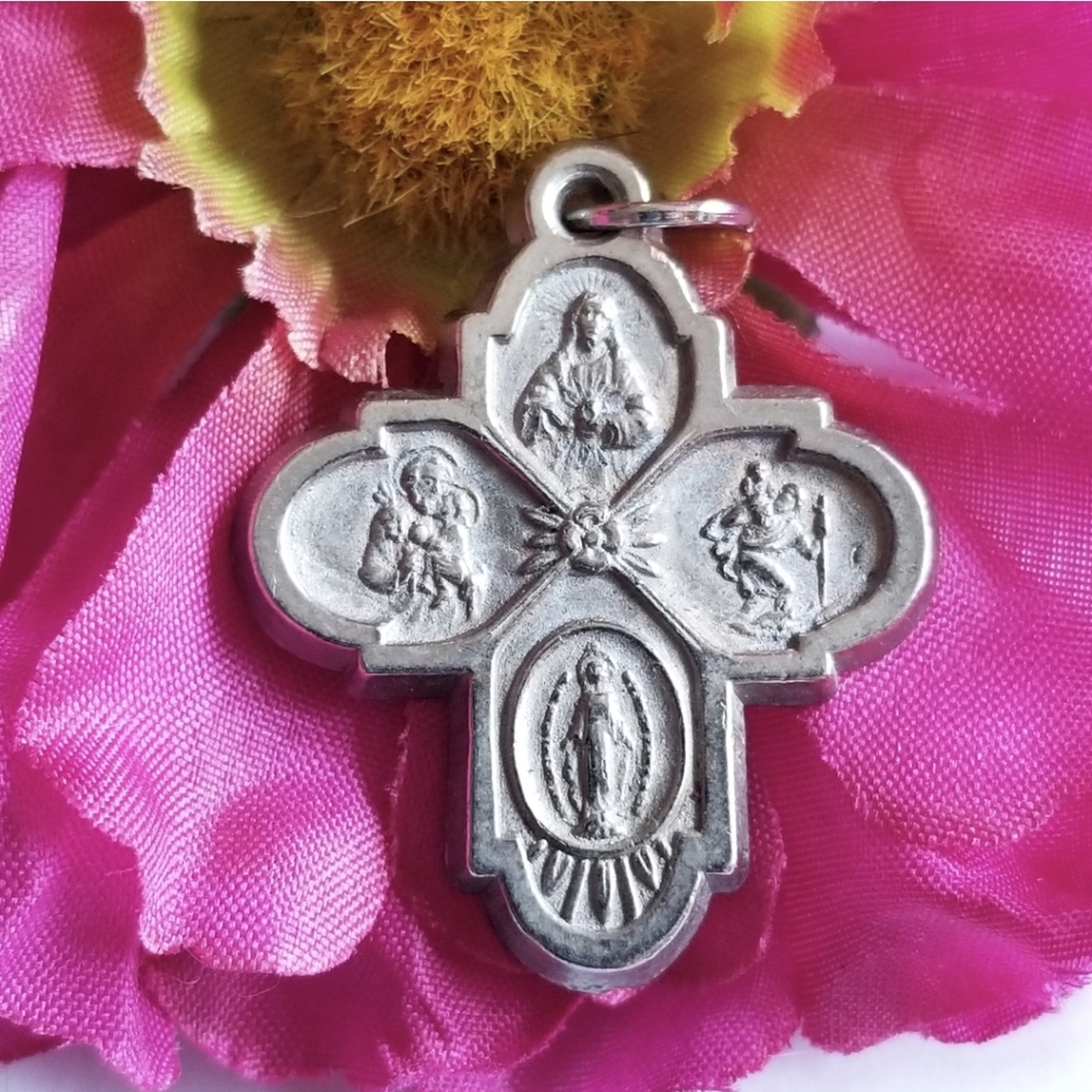 Vintage cross pendant Silver tone metal metal catholic christian